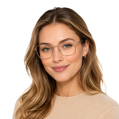Woman wearing OS ACL Genre 8003 square prescription eyeglasses in copper and dark brown