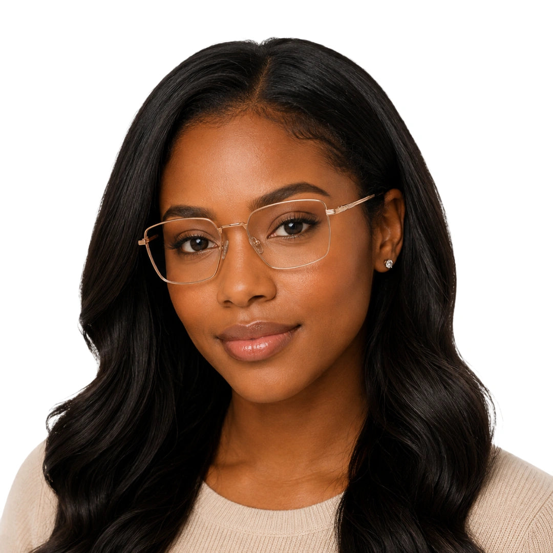 Woman wearing OS ACL Genre 8003 square prescription eyeglasses in copper and dark brown, front view