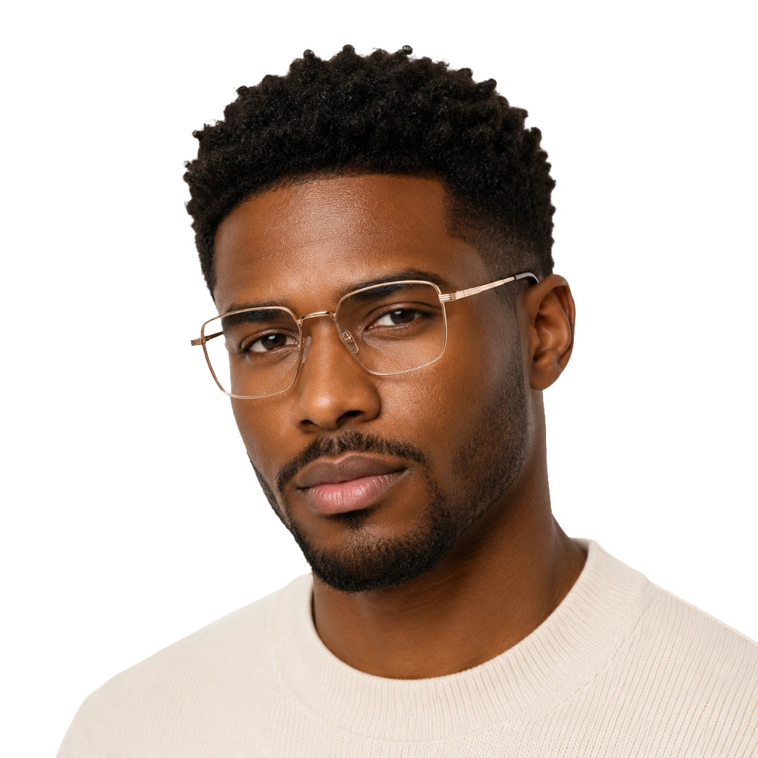 Man wearing OS ACL Genre 8003 square prescription eyeglasses in copper and dark brown, front view