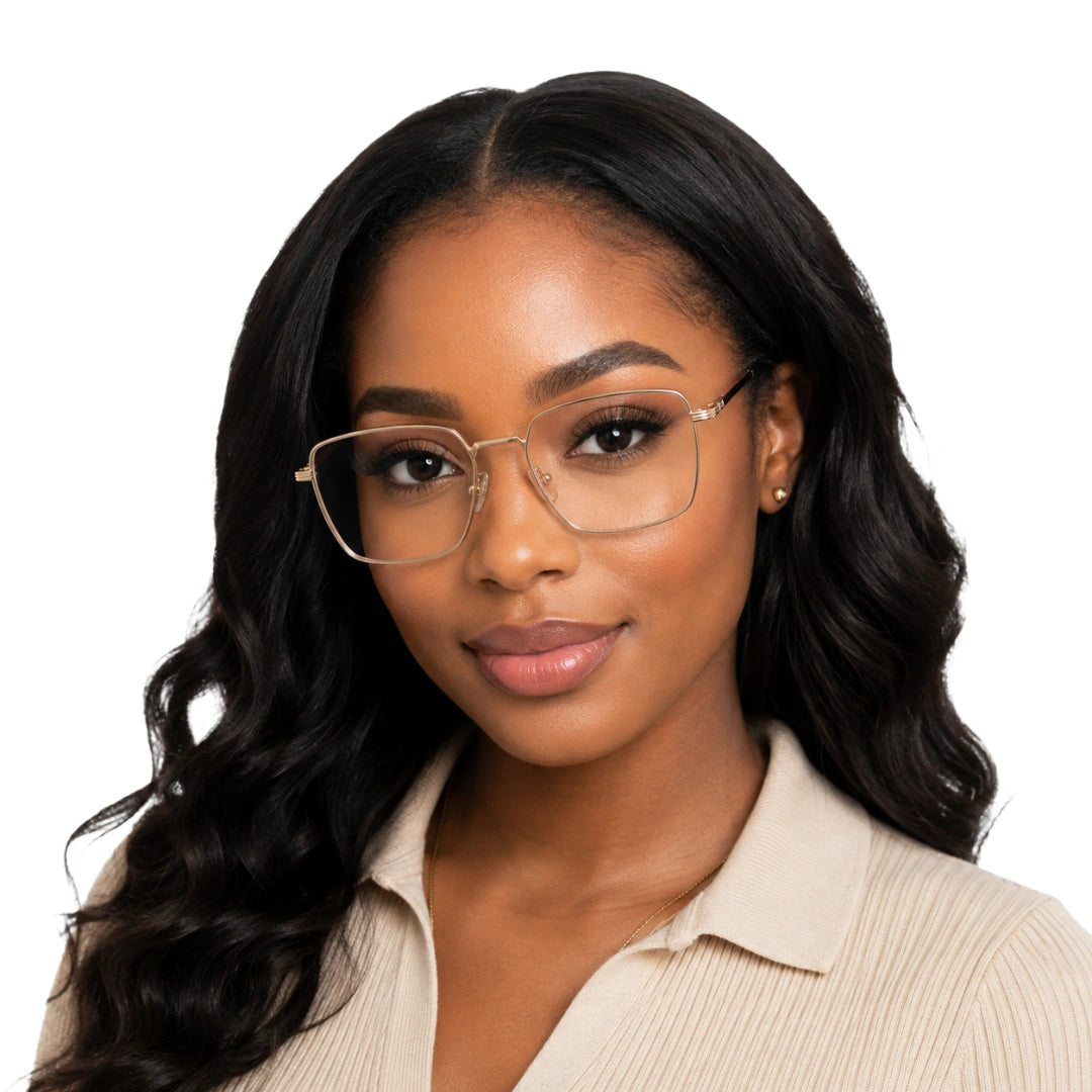 Woman wearing OS ACL Genre 8003 square prescription eyeglasses in gold and brown, front view