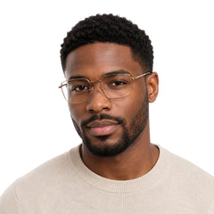 Man wearing OS ACL Genre 8003 square prescription eyeglasses in gold and brown, front view