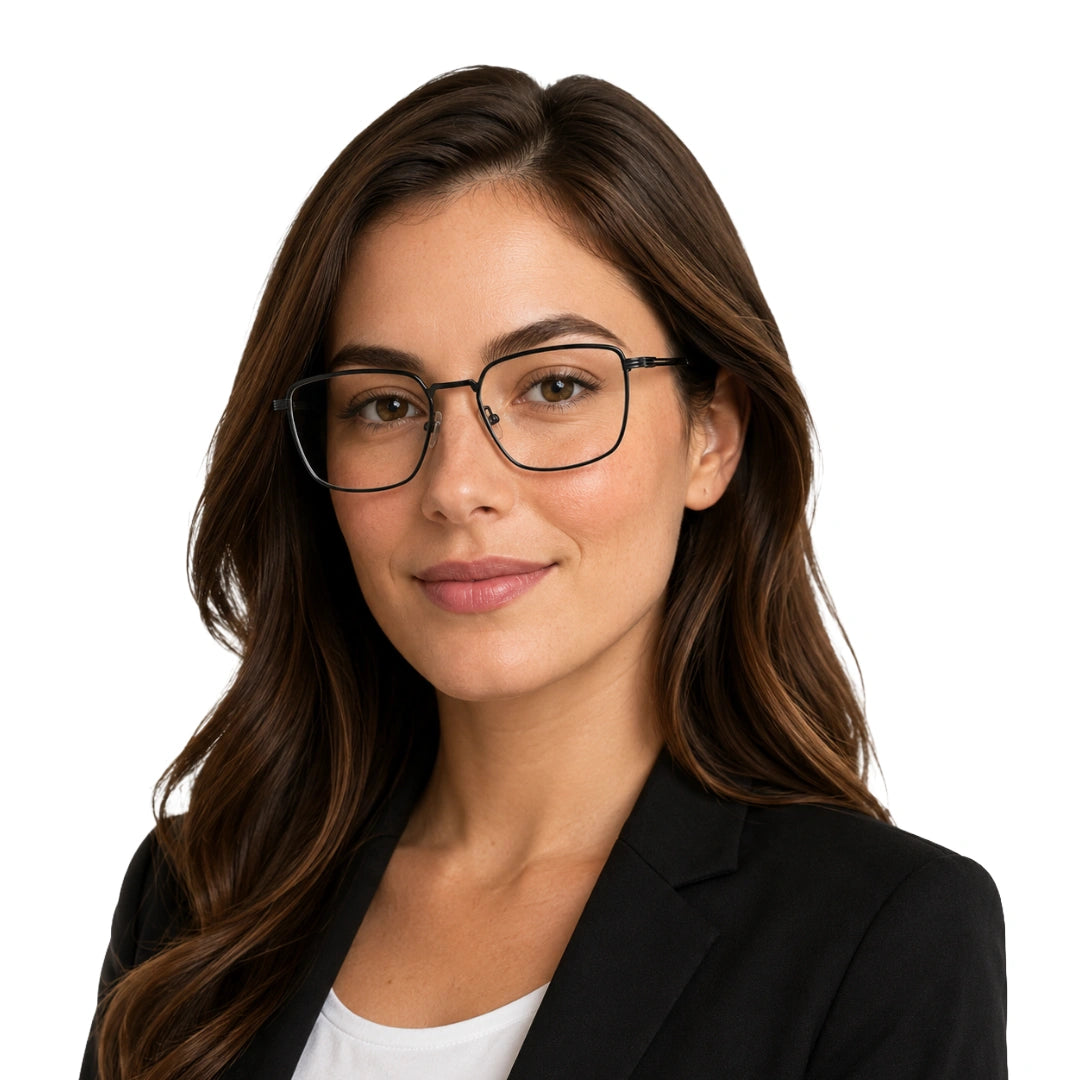 Woman wearing OS ACL Genre 8003 square prescription eyeglasses in gunmetal and black