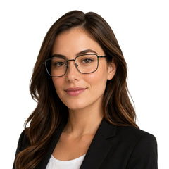 Woman wearing OS ACL Genre 8003 square prescription eyeglasses in gunmetal and black