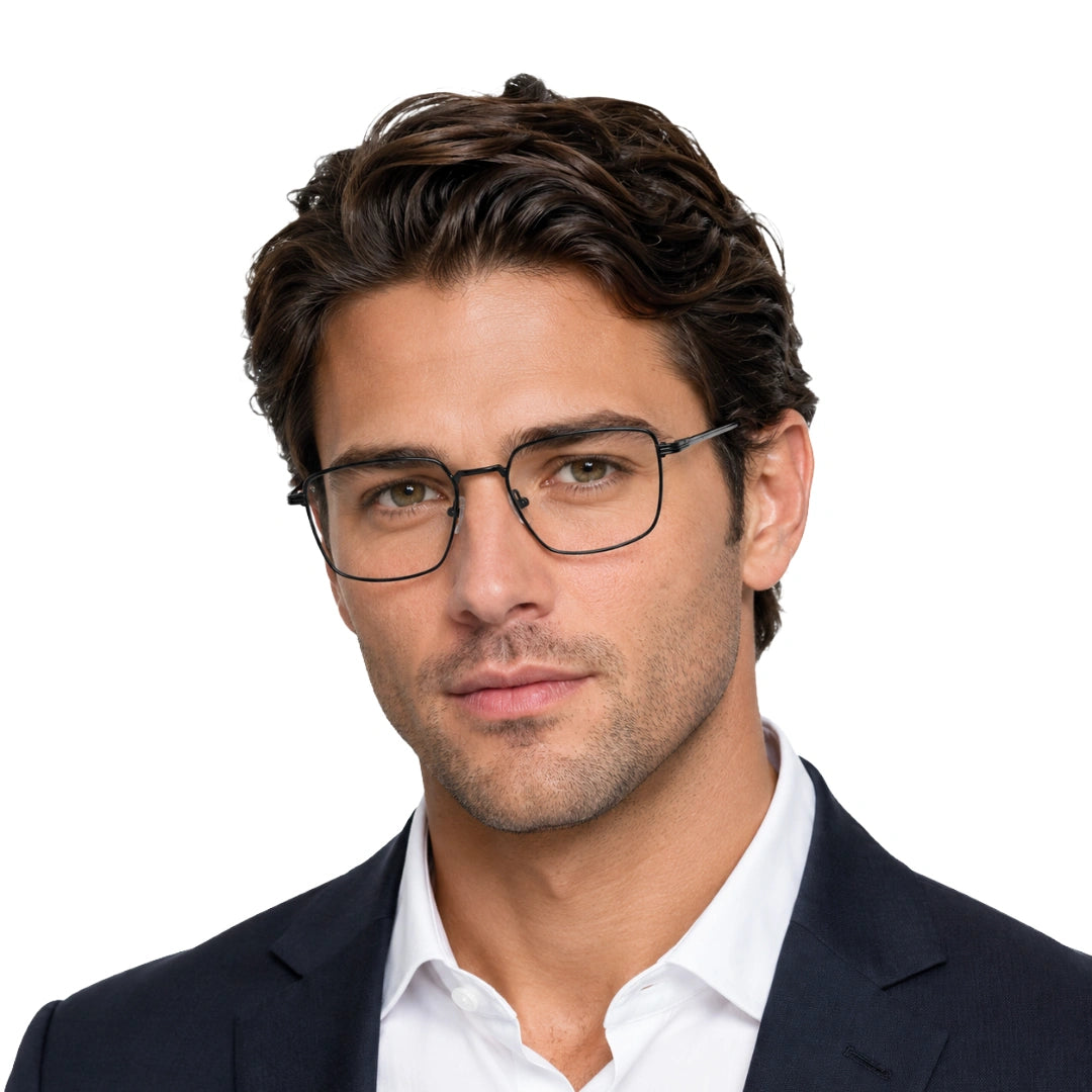 Man wearing OS ACL Genre 8003 square prescription eyeglasses in gunmetal and black