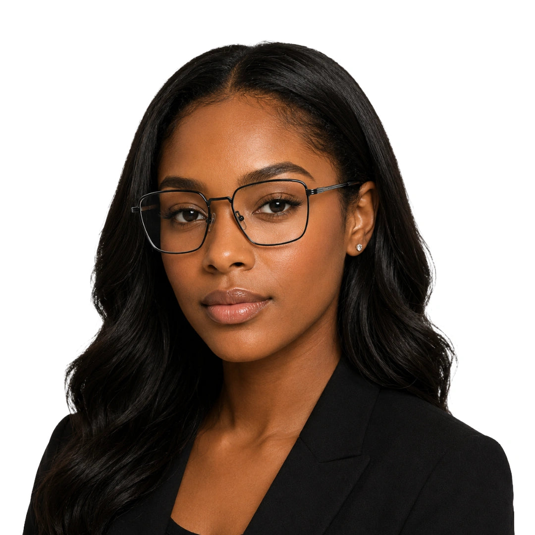 Woman wearing OS ACL Genre 8003 square prescription eyeglasses in gunmetal and black, front view