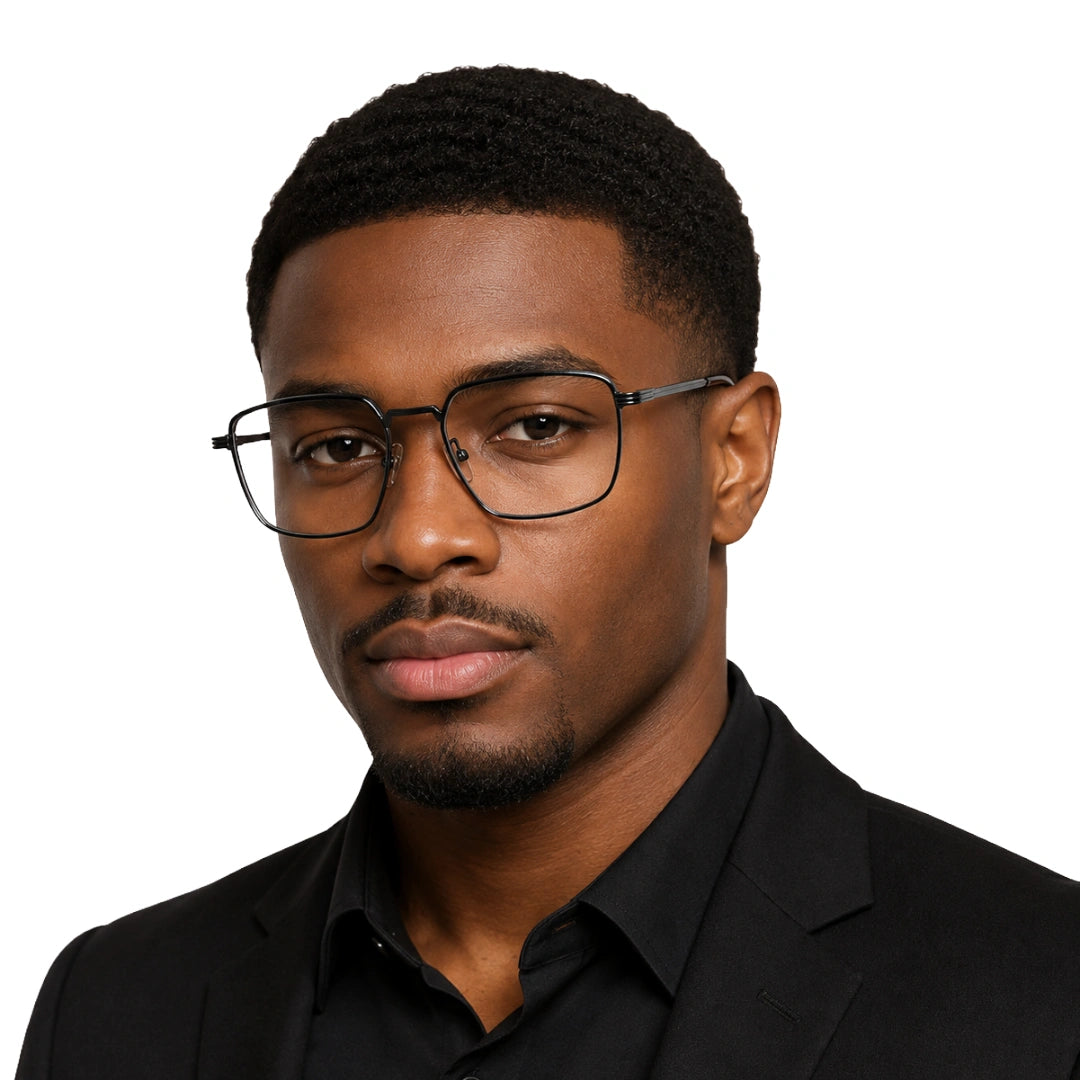 Man wearing OS ACL Genre 8003 square prescription eyeglasses in gunmetal and black, front view