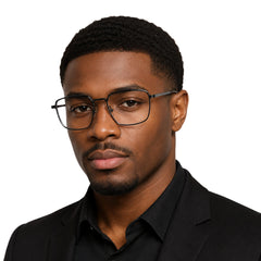 Man wearing OS ACL Genre 8003 square prescription eyeglasses in gunmetal and black, front view