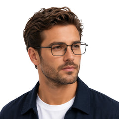 Man wearing OS ACL Genre 8003 square prescription eyeglasses in matte black