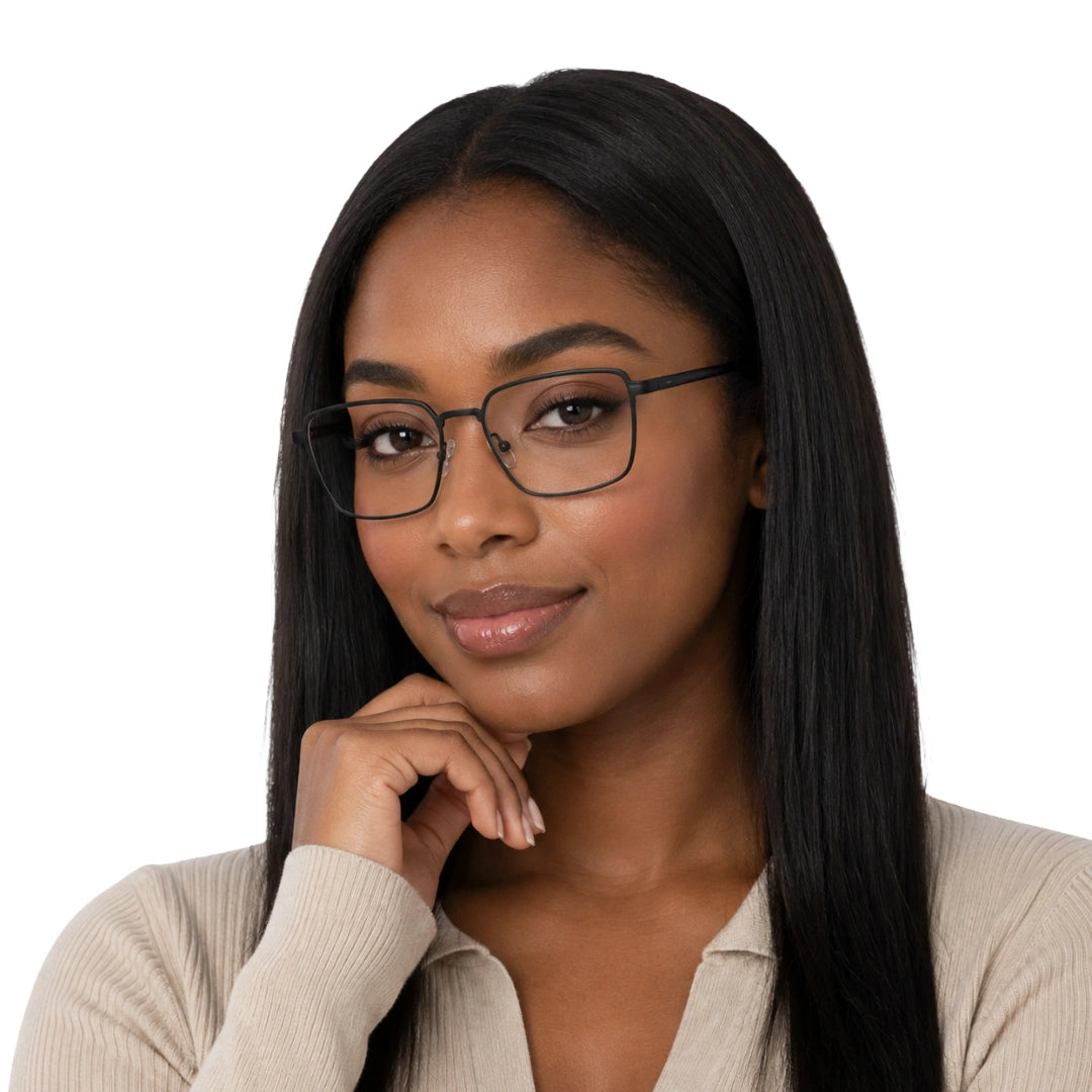 Woman wearing OS ACL Genre 8003 square prescription eyeglasses in matte black, front view