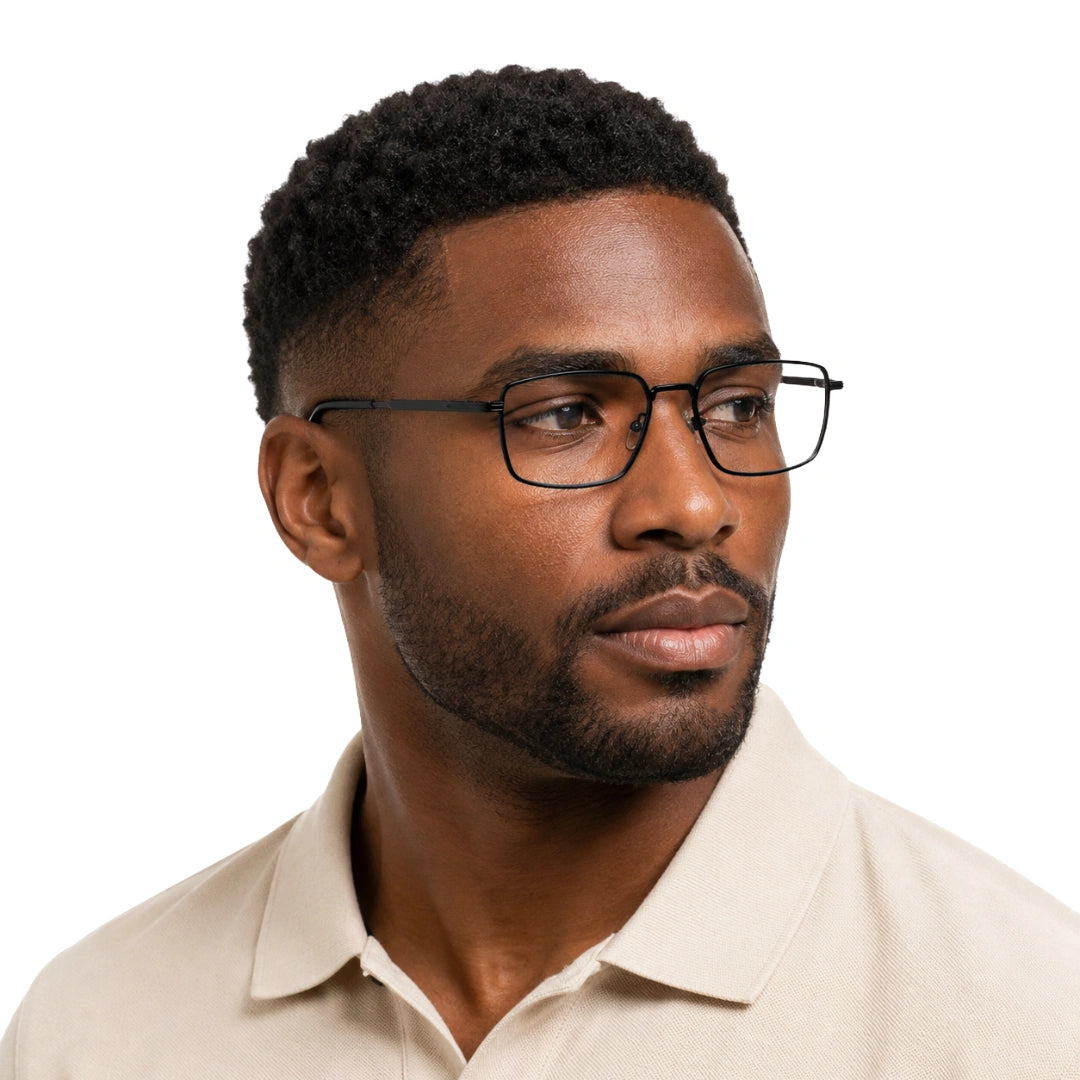 Man wearing OS ACL Genre 8003 square prescription eyeglasses in matte black, front view