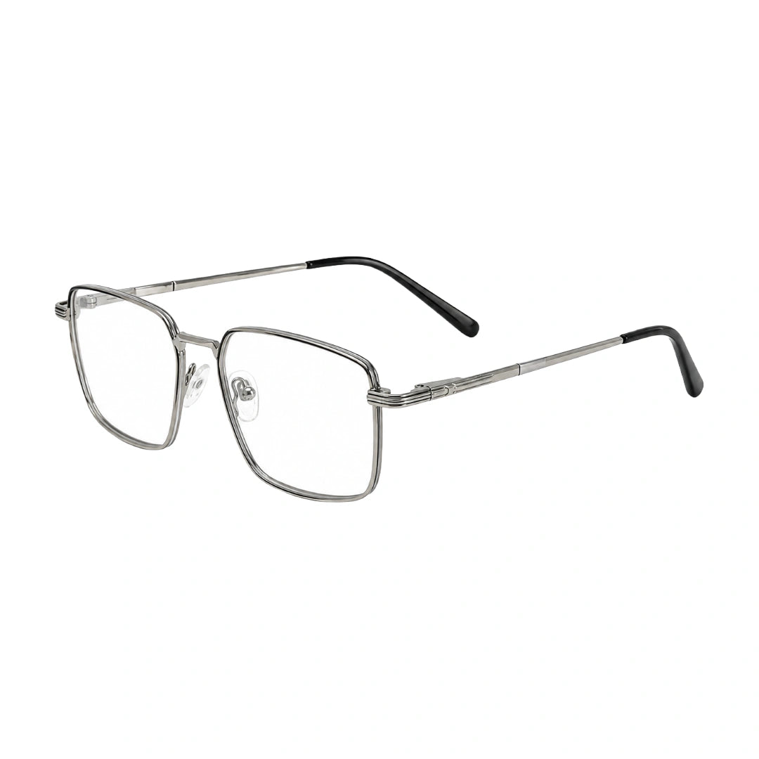 OS ACL Genre 8003 square prescription eyeglasses in silver and black, three-quarter angled view