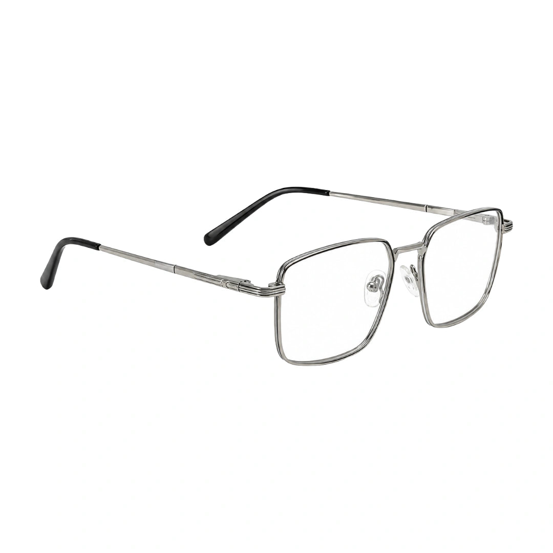 OS ACL Genre 8003 square prescription eyeglasses in silver and black, angled view