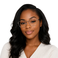 Woman wearing OS ACL Genre 8003 square prescription eyeglasses in silver and black