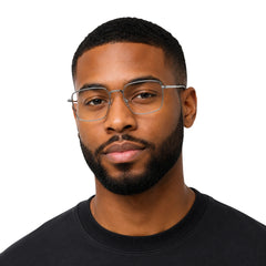 Man wearing OS ACL Genre 8003 square prescription eyeglasses in silver and black