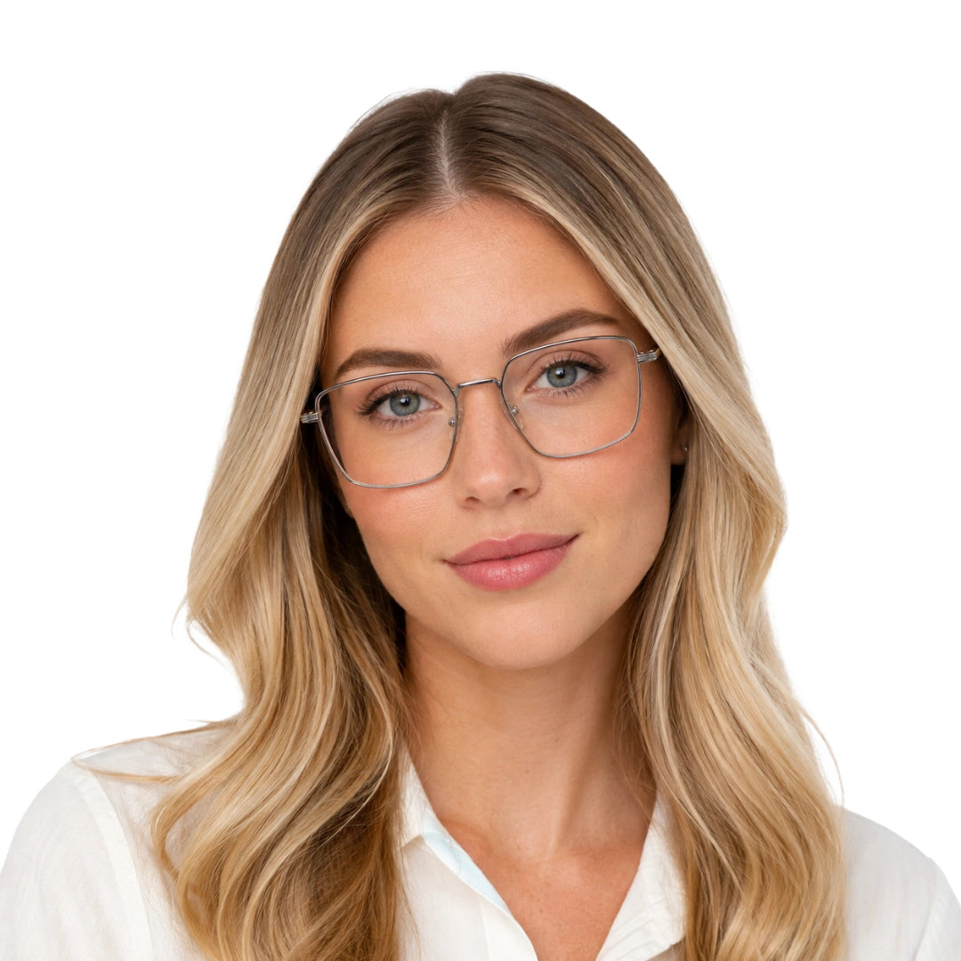 Woman wearing OS ACL Genre 8003 square prescription eyeglasses in silver and black, front view