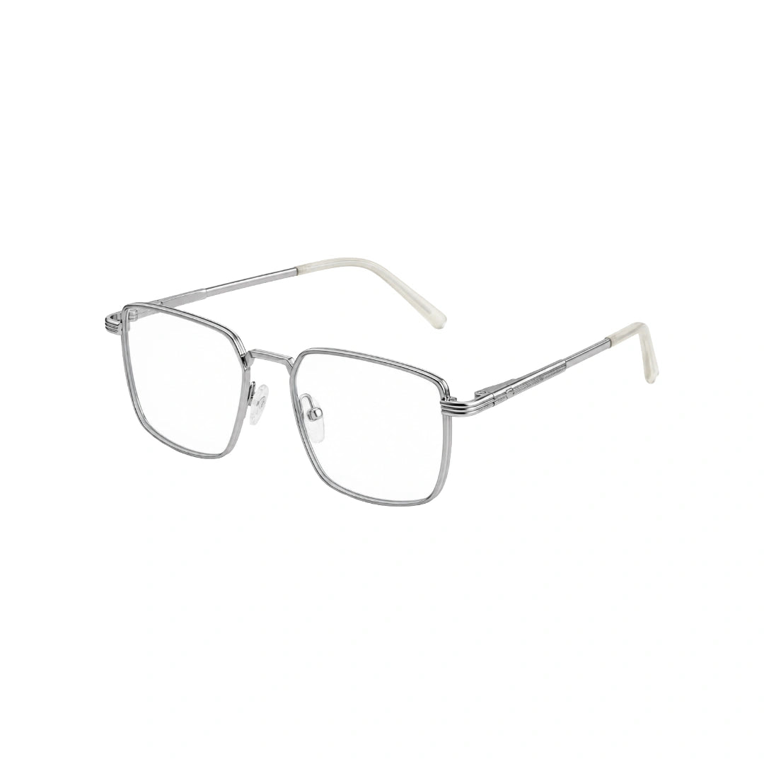 OS ACL Genre 8003 square prescription eyeglasses in silver and white, three-quarter angled view