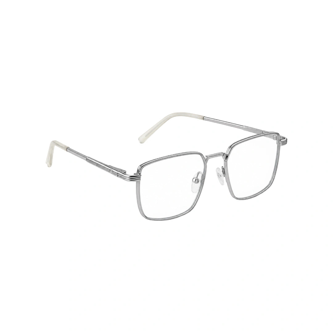 OS ACL Genre 8003 square prescription eyeglasses in silver and white, angled view
