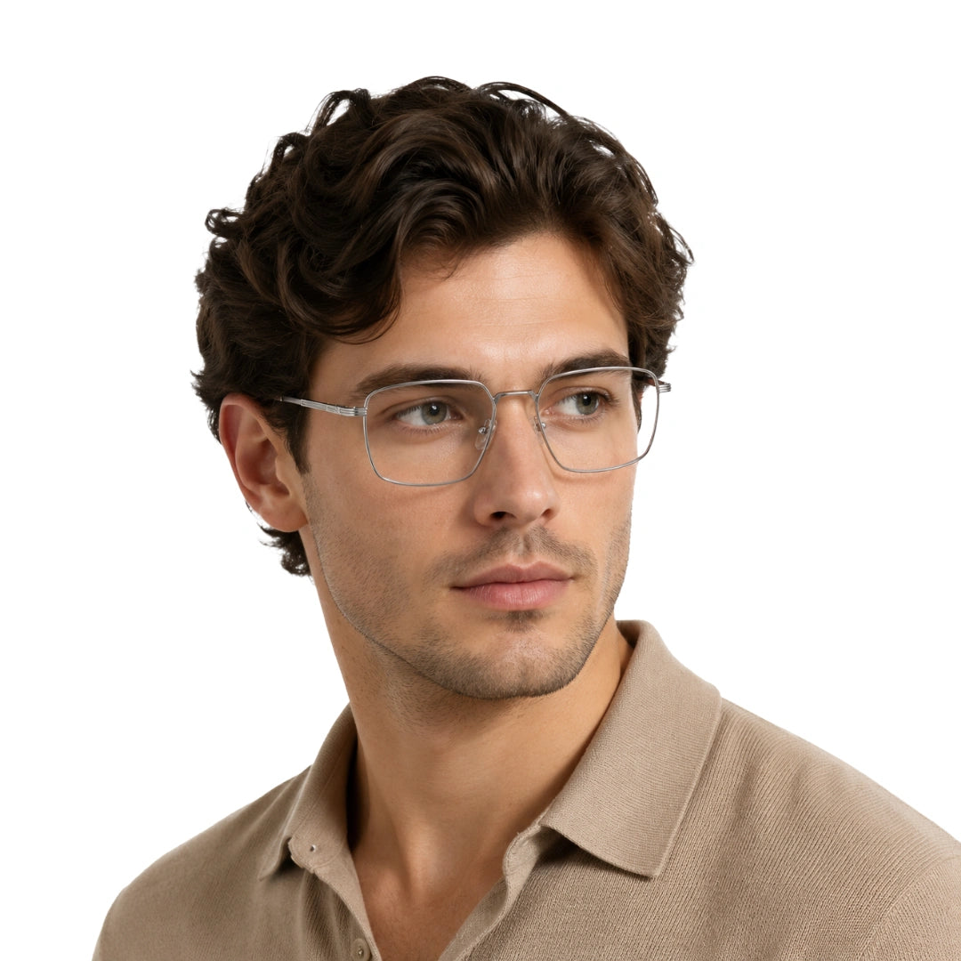 Man wearing OS ACL Genre 8003 square prescription eyeglasses in silver and white