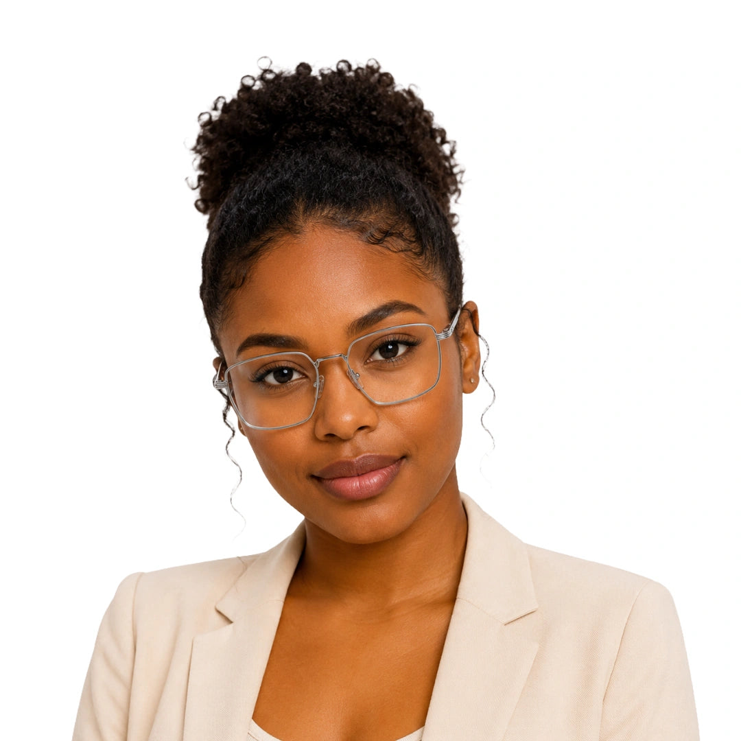 Woman wearing OS ACL Genre 8003 square prescription eyeglasses in silver and white, front view