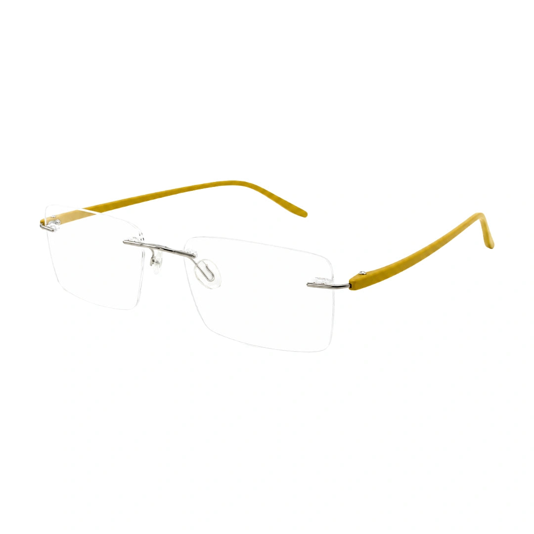 OS BD 56805 ultra-light rimless rectangular prescription eyeglasses in yellow, three-quarter angled view