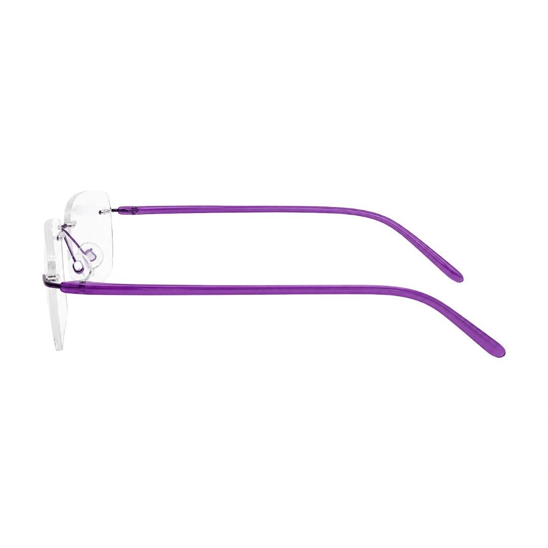 OS BD 56806 classic rimless rectangle prescription frame in purple, side profile view