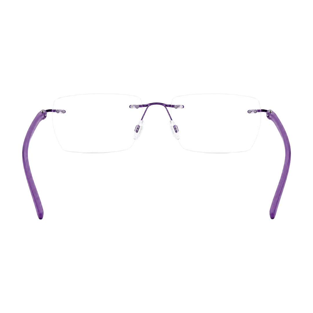 OS BD 56806 classic rimless rectangle prescription frame in purple, rear view