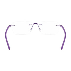 OS BD 56806 classic rimless rectangle prescription frame in purple, rear view