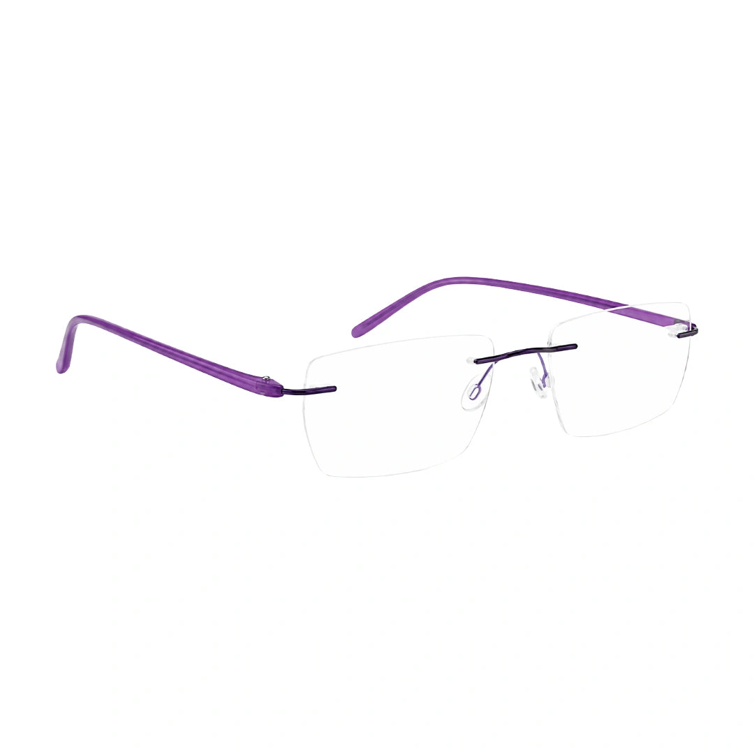 OS BD 56806 classic rimless rectangle prescription frame in purple, angled view
