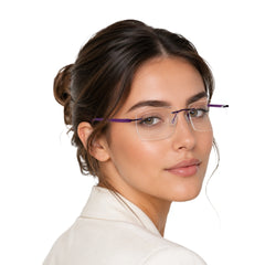 Woman wearing OS BD 56806 classic rimless rectangle prescription frame in purple