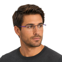 Man wearing OS BD 56806 classic rimless rectangle prescription frame in purple