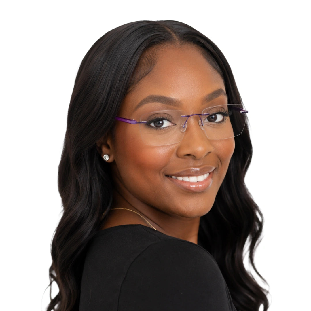 Woman wearing OS BD 56806 classic rimless rectangle prescription frame in purple, front view