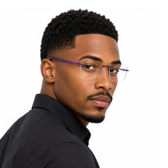 Man wearing OS BD 56806 classic rimless rectangle prescription frame in purple, front view