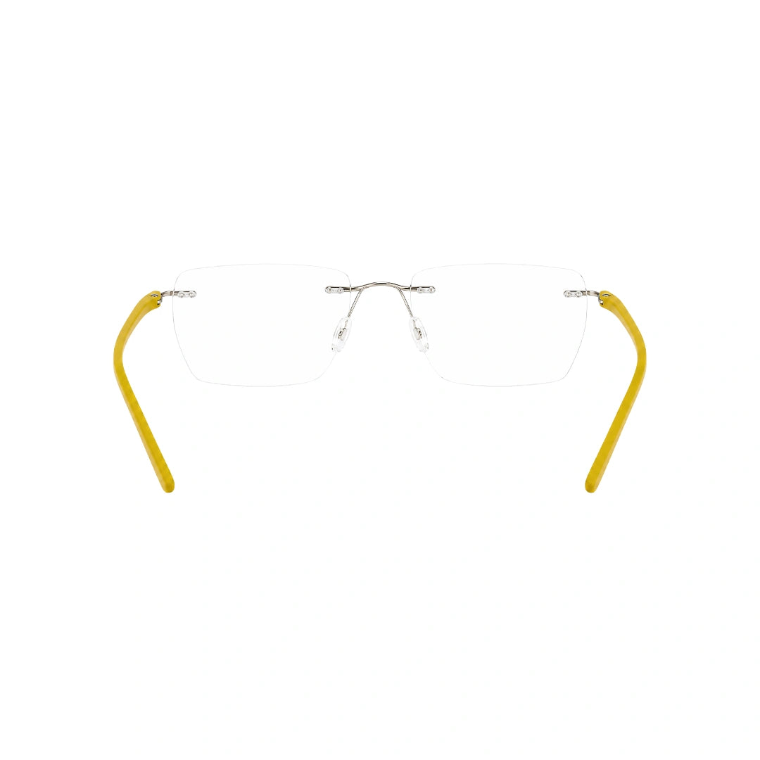 OS BD 56806 classic rimless rectangle prescription frame in yellow, rear view