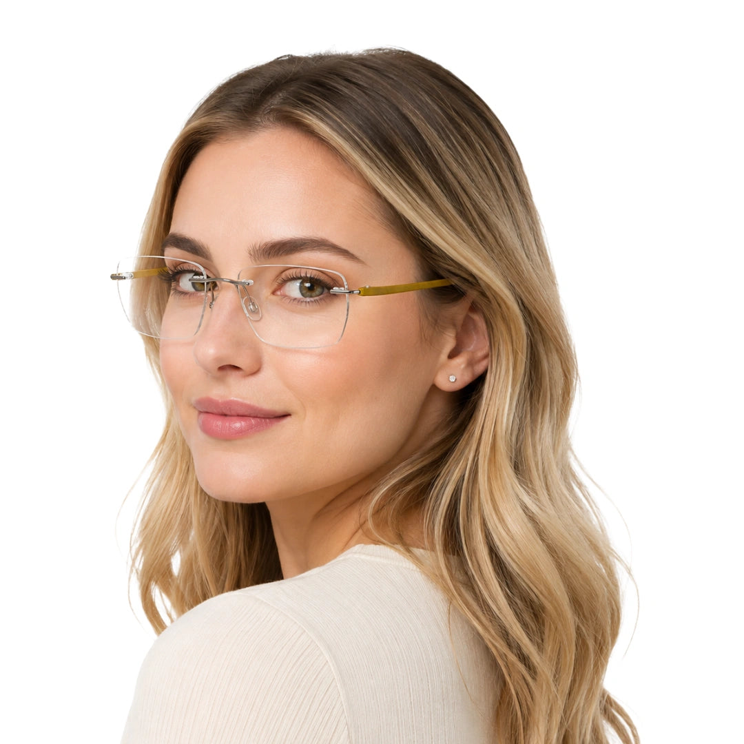 Woman wearing OS BD 56806 classic rimless rectangle prescription frame in yellow