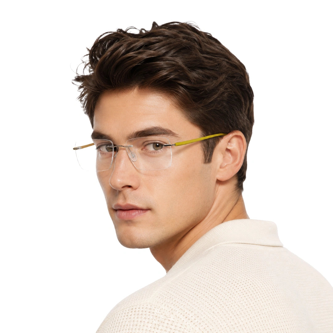 Man wearing OS BD 56806 classic rimless rectangle prescription frame in yellow