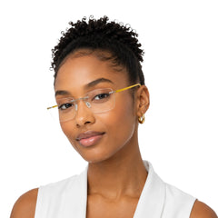Woman wearing OS BD 56806 classic rimless rectangle prescription frame in yellow, front view