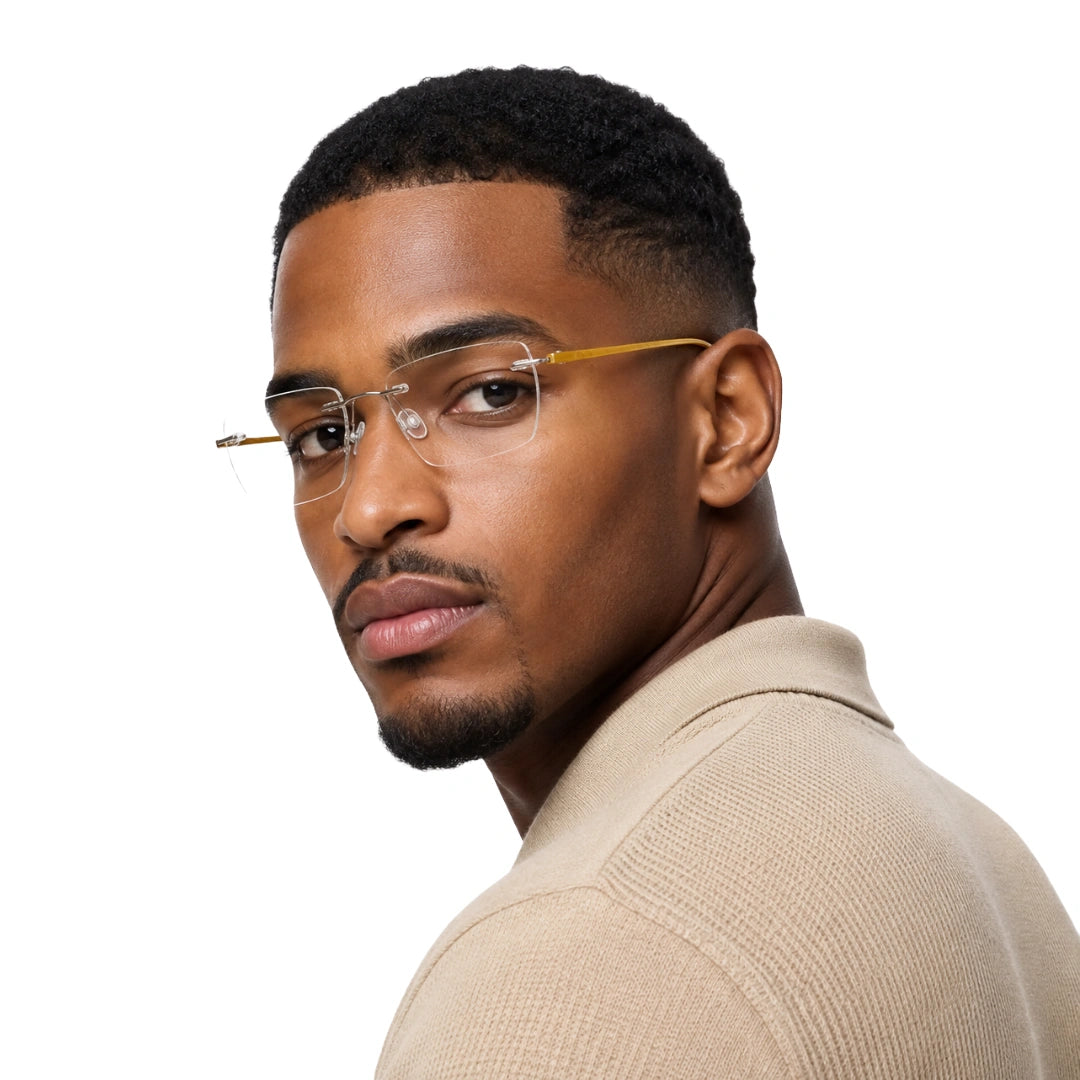 Man wearing OS BD 56806 classic rimless rectangle prescription frame in yellow, front view