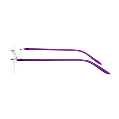 OS BD 56807 rimless rectangular eyeglasses in purple, side profile view