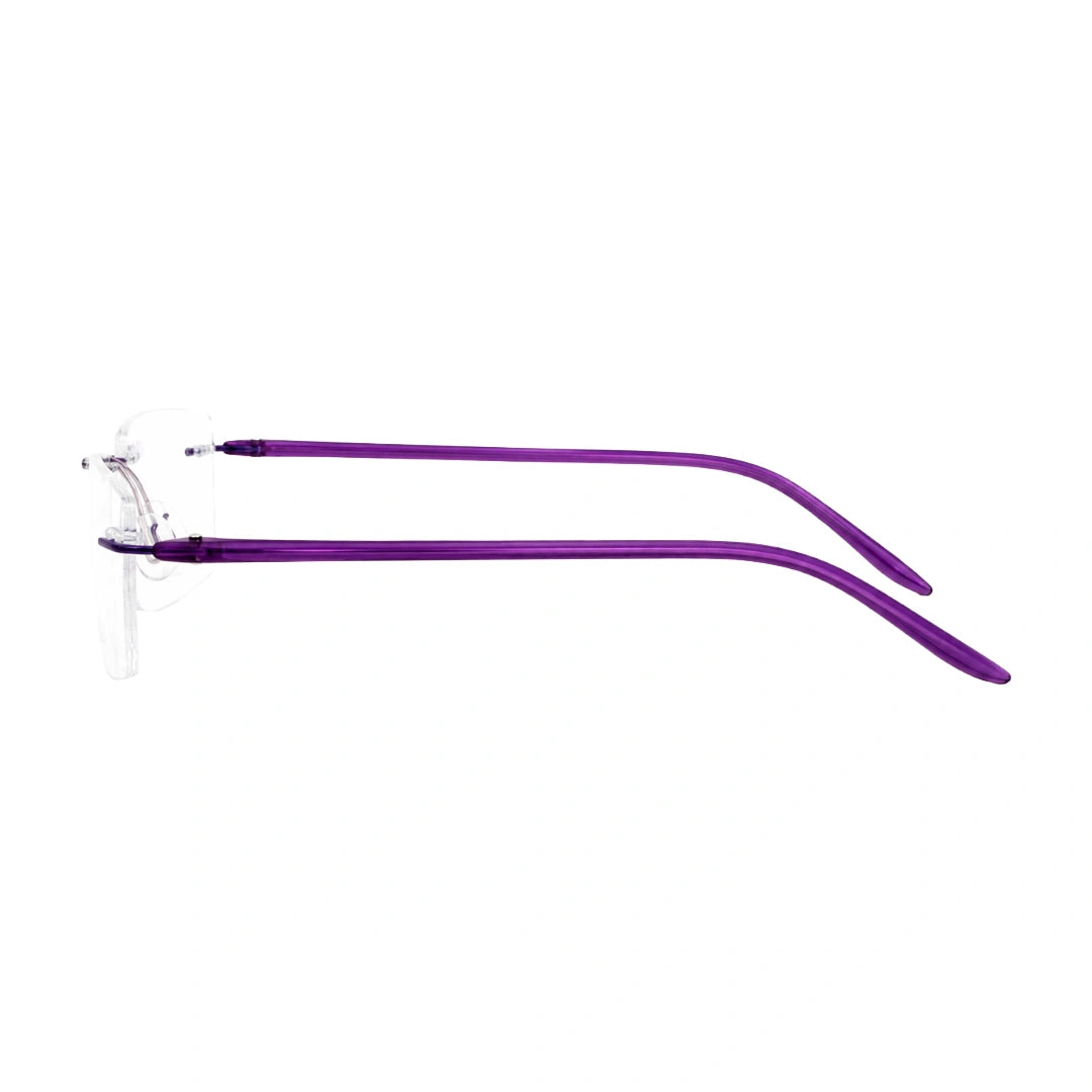 OS BD 56807 rimless rectangular eyeglasses in purple, side profile view