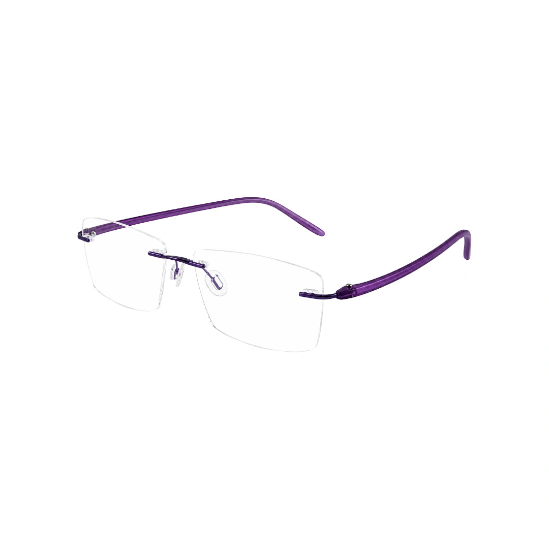 OS BD 56807 rimless rectangular eyeglasses in purple, three-quarter angled view
