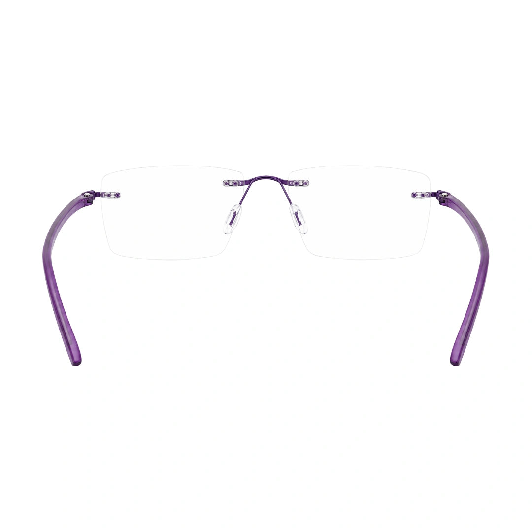 OS BD 56807 rimless rectangular eyeglasses in purple, rear view