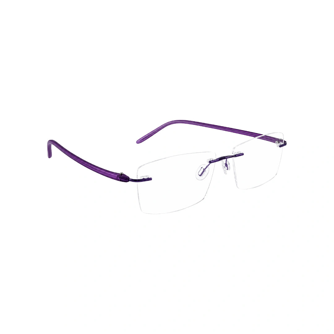 OS BD 56807 rimless rectangular eyeglasses in purple, angled view
