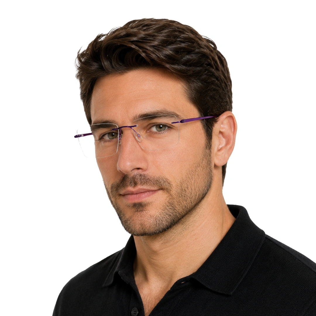 Man wearing OS BD 56807 rimless rectangular eyeglasses in purple
