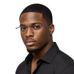 Man wearing OS BD 56807 rimless rectangular eyeglasses in purple, front view