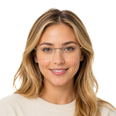 Woman wearing OS BD 56807 rimless rectangular eyeglasses in yellow