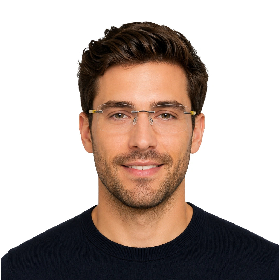 Man wearing OS BD 56807 rimless rectangular eyeglasses in yellow