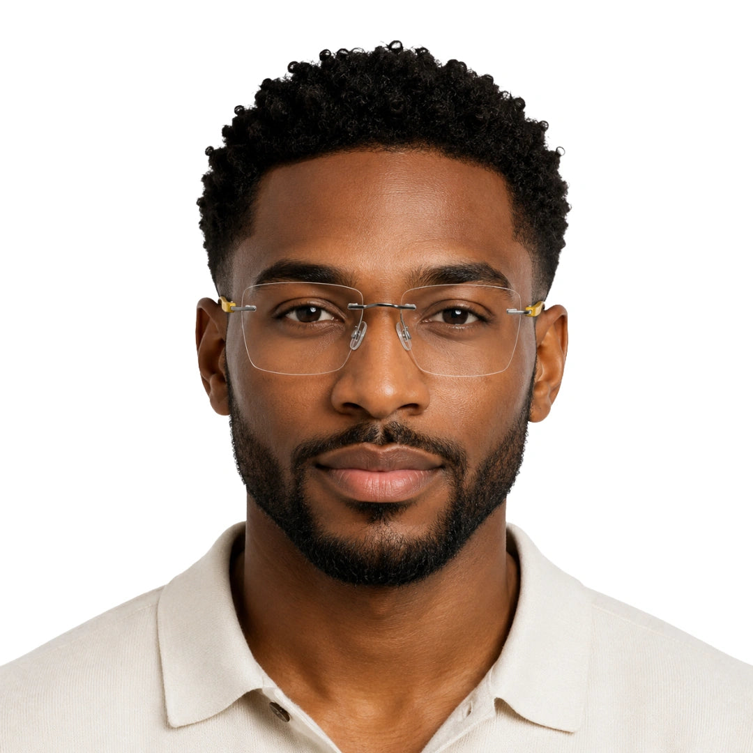 Man wearing OS BD 56807 rimless rectangular eyeglasses in yellow, front view