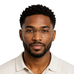 Man wearing OS BD 56807 rimless rectangular eyeglasses in yellow, front view