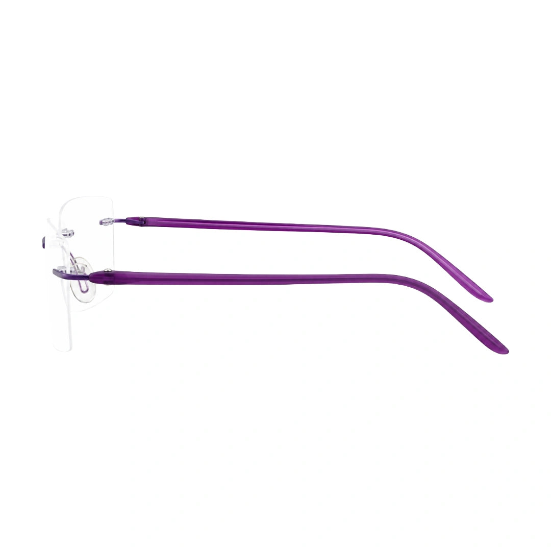 OS BD 56808 arched bridge rimless rectangular prescription eyeglasses in purple, side profile view