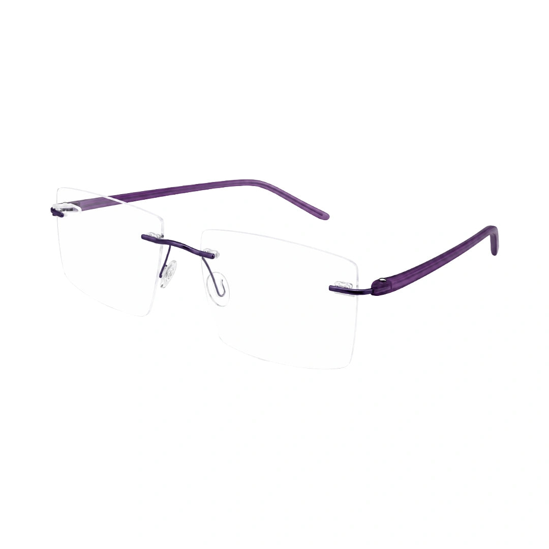 OS BD 56808 arched bridge rimless rectangular prescription eyeglasses in purple, three-quarter angled view